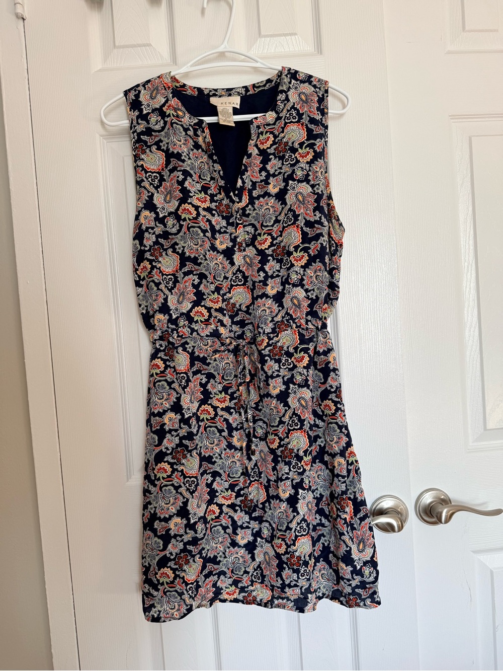 Kenar 100% Silk Navy / Pink Paisley Sleeveless Tie-Waist Mini Dress